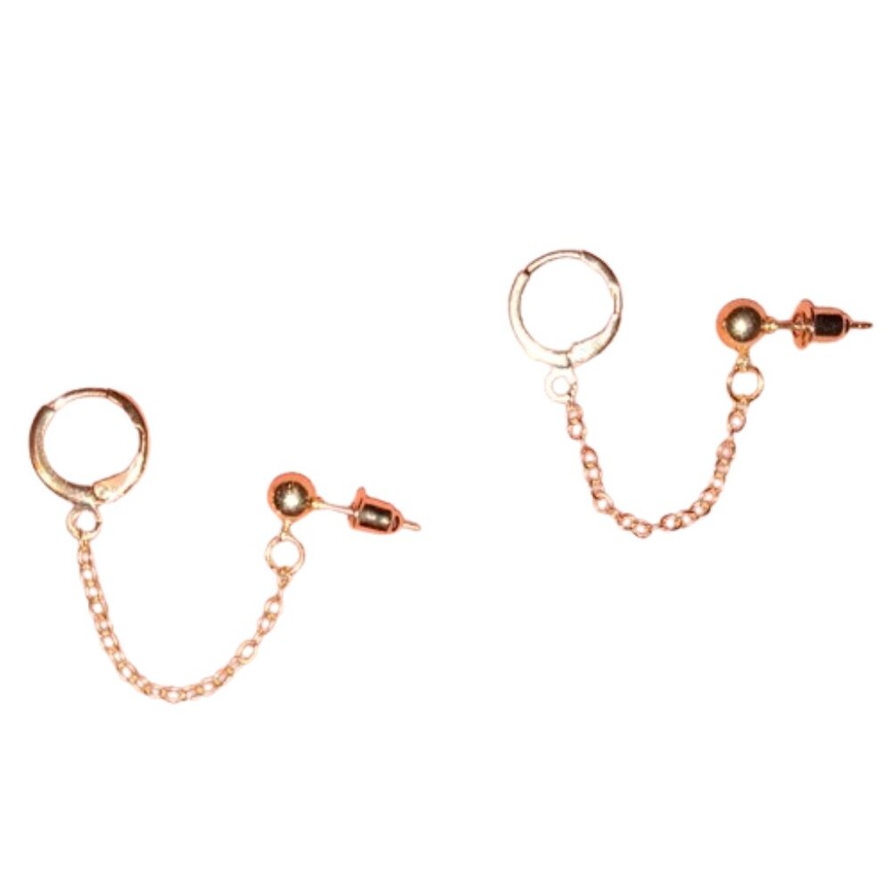 Gold Double Pierced Ears Connected Earrings Chain Hoops Piercing Hoop Studs